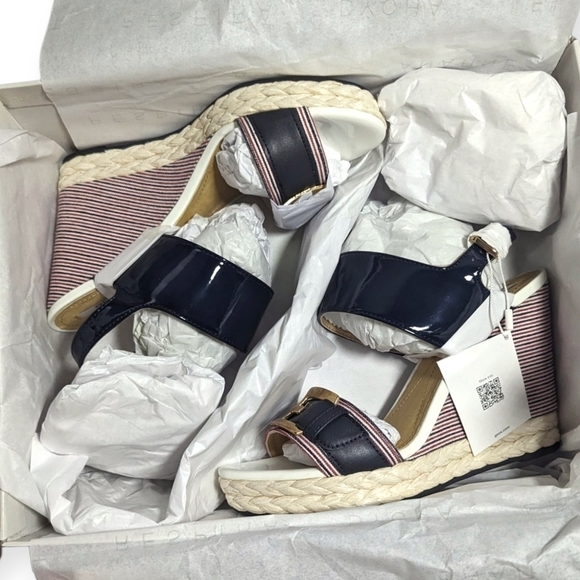GEOX Wedges Sandals Patent Leather Braided  Donna Janira Navy Red Stripe NIB NEW - Picture 3 of 7